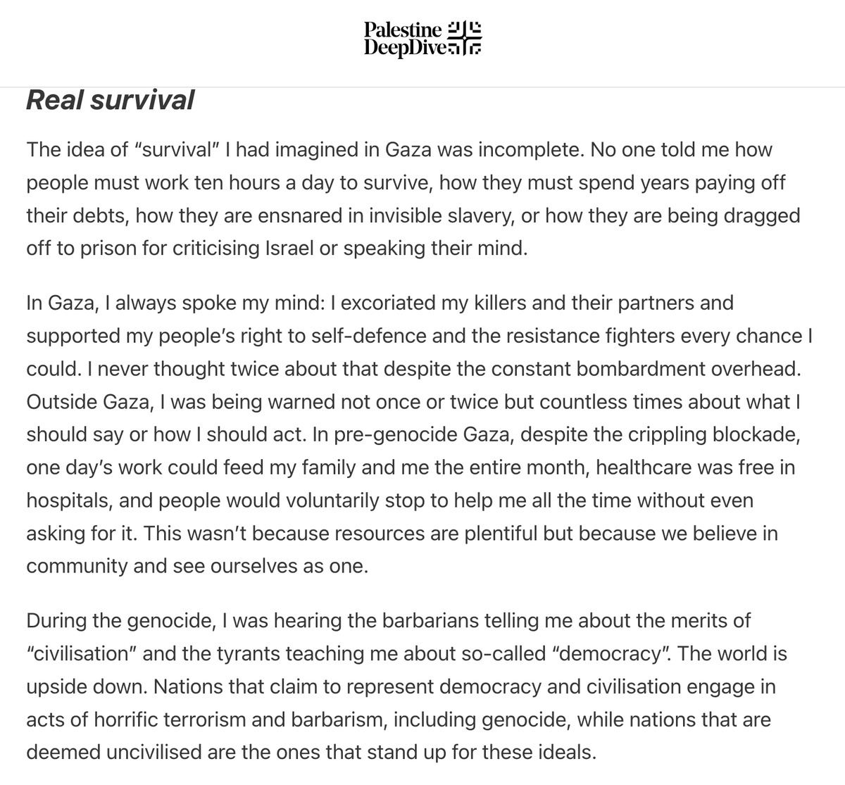 AbubakerAbedW's tweet photo. It's really been hard to write my thoughts on my first year out of Gaza.

But here is my reflection, as I've realised that survival outside Gaza was a lie &amp; now I have to fight a mental occupation and emotional death in the West.

✍️Debut for @PDeepDive

https://t.co/eizLSChpG1 https://t.co/tYYy6cl9Jj