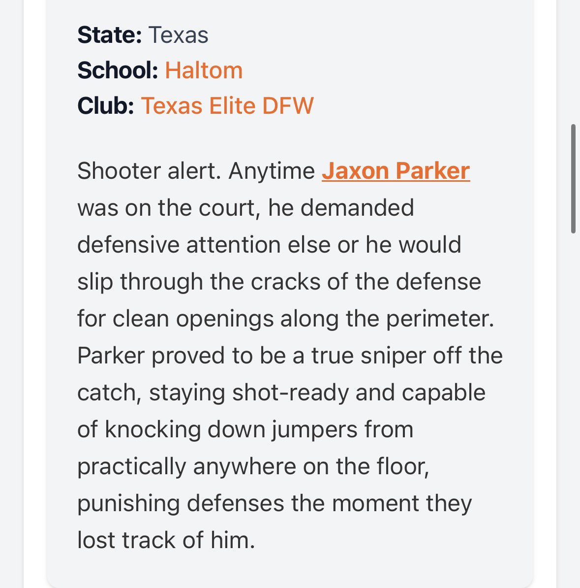 jxnparker's tweet photo. Thank you @BallNonStop_ for these write ups✍️  
@PHCircuit @PrepHoopsTX @txelitedfw @txweshoops @TLUbasketball @ABU_MBB @NelsonUMBB @UDallasMBB @DBUBasketball https://t.co/3BwgYwdbmg