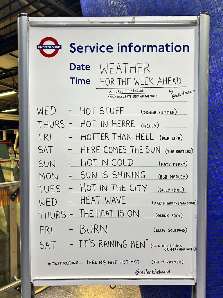 allontheboard's tweet photo. Weather for the week ahead. 100% accurate, 35% of the time. 

#Weather #HotWeather #London #allontheboard https://t.co/VGJgcyag0e