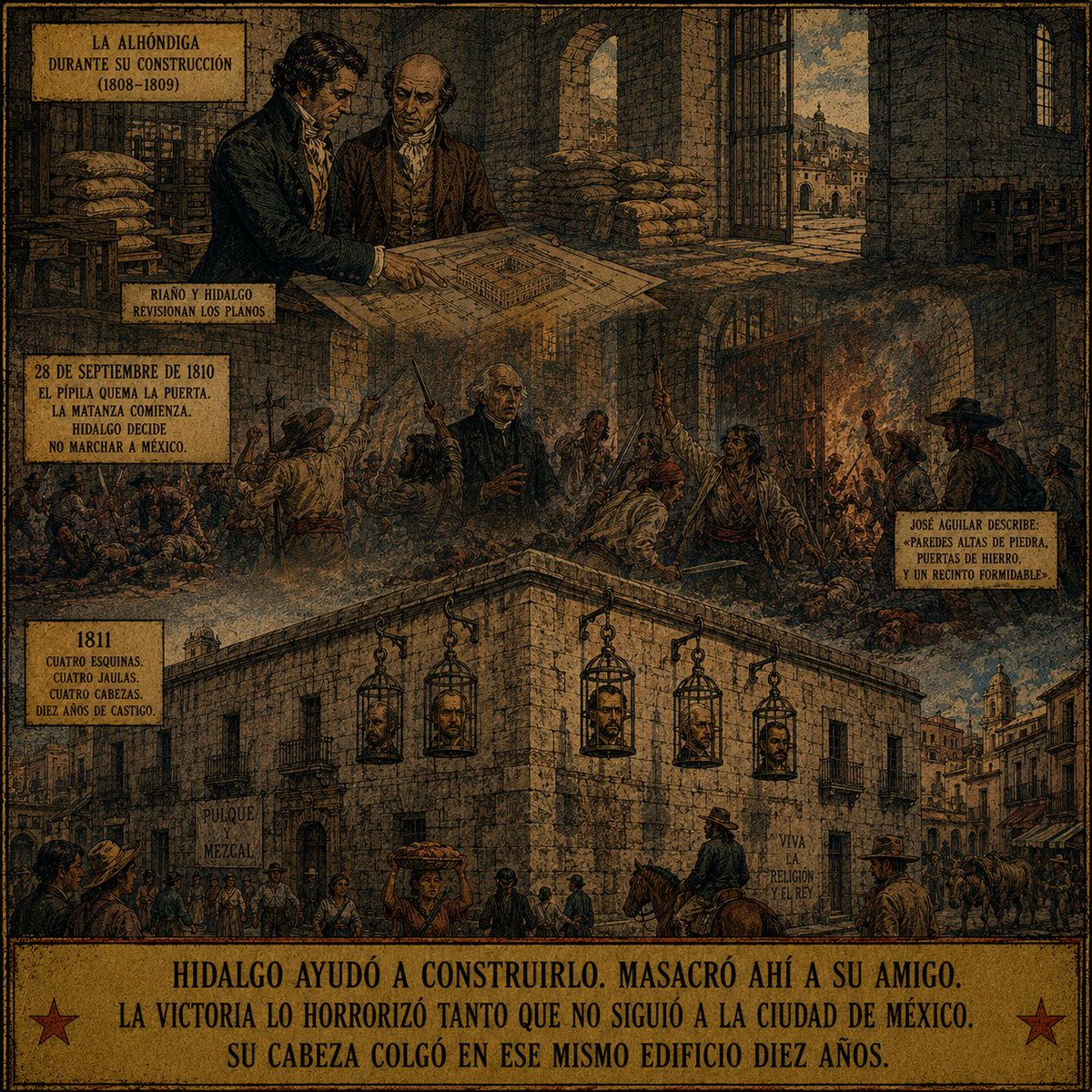 DonPorfirioDiaz's tweet photo. El edificio que se convirtió en el símbolo más sangriento de la Independencia de México lo había asesorado como constructor Miguel Hidalgo. Juan Antonio Riaño, intendente de Guanajuato y amigo personal del cura de Dolores, le había pedido consejo durante la obra. Diez años después, Hidalgo llegó a ese mismo edificio con un ejército de cincuenta mil hombres a matar a su amigo. El 28 de septiembre de 1810, el ejército insurgente, compuesto en su mayoría por campesinos armados con herramientas de trabajo, llegó a Guanajuato y exigió la rendición de los realistas. Juan Antonio Riaño rechazó la propuesta y se preparó para defender la fortaleza. Riaño murió en la batalla. Los españoles que quedaron adentro quisieron rendirse. Los soldados realistas siguieron peleando. Cuando El Pípila quemó la puerta y los insurgentes entraron, perpetuaron una de las peores masacres que tuvo lugar en la guerra. Con golpes y puñaladas, mataron a toda persona que se encontraba en el interior y destrozaron los objetos que resguardaban los españoles. "En el suelo se entremezclaron en una masa informe la sangre, la carne, las vísceras y los huesos humanos, y los restos de comida, de objetos, de trapos y de papeles y documentos embarrados. Las paredes estaban empapadas de sangre", escribió José Aguilar. Miguel Hidalgo, horrorizado por la masacre, decidió no continuar su marcha hacia la Ciudad de México, lo que algunos historiadores consideran el error estratégico más grande de la Independencia. La capital tomada en ese momento habría cambiado todo. No siguió. La guerra duró once años más. La segunda vida de la Alhóndiga es igualmente terrible: cuando el ejército realista capturó y ejecutó a Hidalgo, Allende, Aldama y Jiménez en 1811, cortó sus cabezas y las exhibió en jaulas de hierro colgadas en las cuatro esquinas del mismo edificio donde todo había comenzado. Estuvieron ahí diez años, hasta que México se independizó en 1821. El edificio que Hidalgo ayudó a construir, donde masacró a su amigo, exhibió su propia cabeza durante una década. Hoy es museo. La historia de México tiene esa clase de lugares.