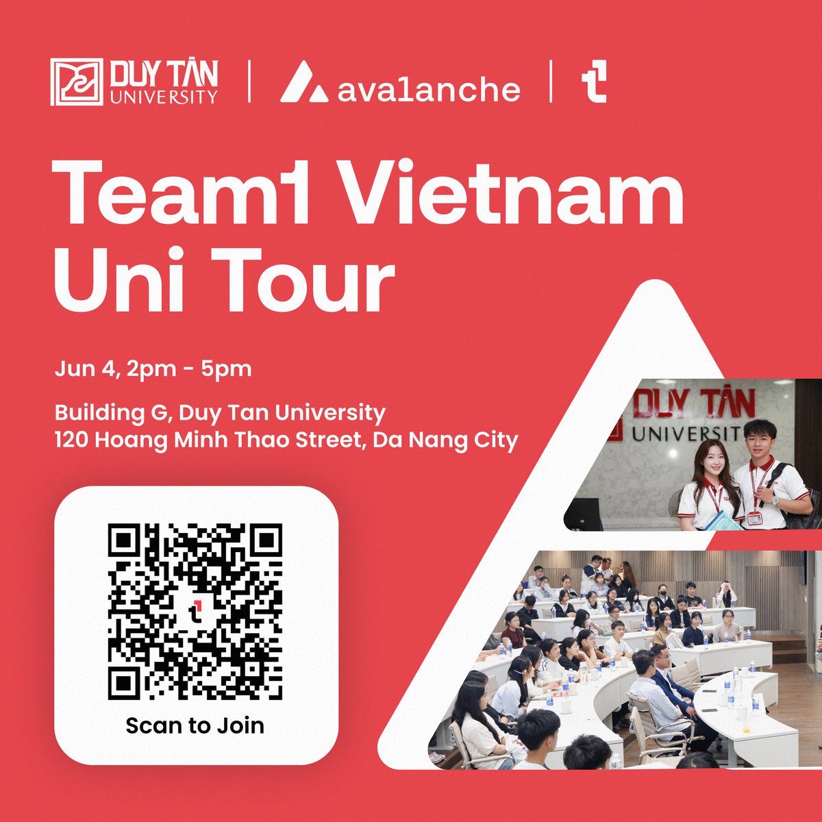 Team1VN's tweet photo. Team1 Uni Tour chính thức đến với Đại học Duy Tân, Đà Nẵng 🇻🇳

Bạn đang tò mò về Web3, Avalanche hoặc cách xây dựng ứng dụng onchain?

Tham gia workshop thực hành cùng Team1 để:
🔺 Khám phá cơ hội nghề nghiệp trong Web3
🔺 Tìm hiểu kiến thức nền tảng về blockchain
🔺 Tự tay tạo Avalanche L1s & smart contracts đầu tiên
🔺 Học cách tham gia và chinh phục các hackathon

Gặp gỡ builder, cùng build sản phẩm onchain và kết nối với cộng đồng Avalanche.

📅 04.06 | 14:00–17:00
📍 Đại học Duy Tân, Đà Nẵng

Đăng ký tham gia bằng cách scan mã QR 👇