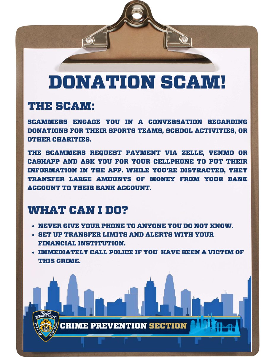 NYPD84Pct's tweet photo. Watch out for scammers! They’ll say anything to get your cash. Protect yourself by staying informed. Your money matters! #Brooklynbridgepark #DonationScam https://t.co/wnkIQtTb4X