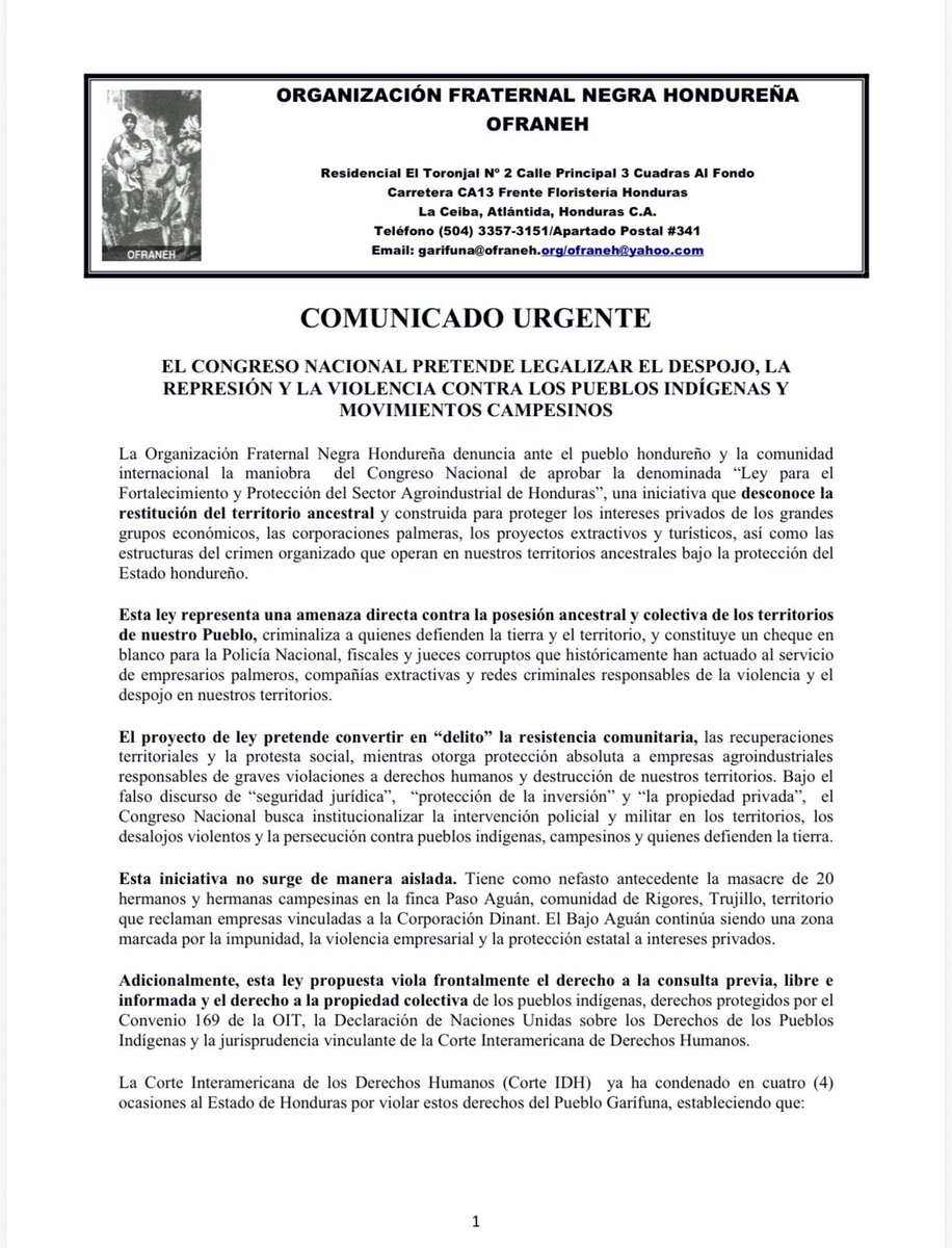 baraudawaguchu's tweet photo. Una verdad dicha 4 veces en las sentencias de la Corte Interamericana IDH a favor del pueblo Garifuna; el Estado hondureño a violentado el Derecho a la Consulta y Consentimiento previo de los pueblos indígenas y Tribales. Pretende hacerlo de nuevo mediante la aprobación de la "Ley para el Fortalecimiento y Protección del Sector Agroindustrial". Las sentencias son claras, se nos debe consultar sobre toda ley que nos afectare y ademas se debe garantizar la no repetición de los hechos. EXIGIMOS Cumplimiento de las Sentencias de la Corte IDH, YA!!