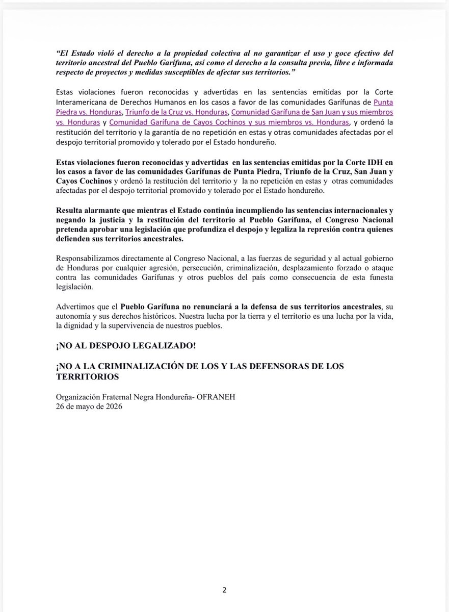 baraudawaguchu's tweet photo. Una verdad dicha 4 veces en las sentencias de la Corte Interamericana IDH a favor del pueblo Garifuna; el Estado hondureño a violentado el Derecho a la Consulta y Consentimiento previo de los pueblos indígenas y Tribales. Pretende hacerlo de nuevo mediante la aprobación de la "Ley para el Fortalecimiento y Protección del Sector Agroindustrial". Las sentencias son claras, se nos debe consultar sobre toda ley que nos afectare y ademas se debe garantizar la no repetición de los hechos. EXIGIMOS Cumplimiento de las Sentencias de la Corte IDH, YA!!