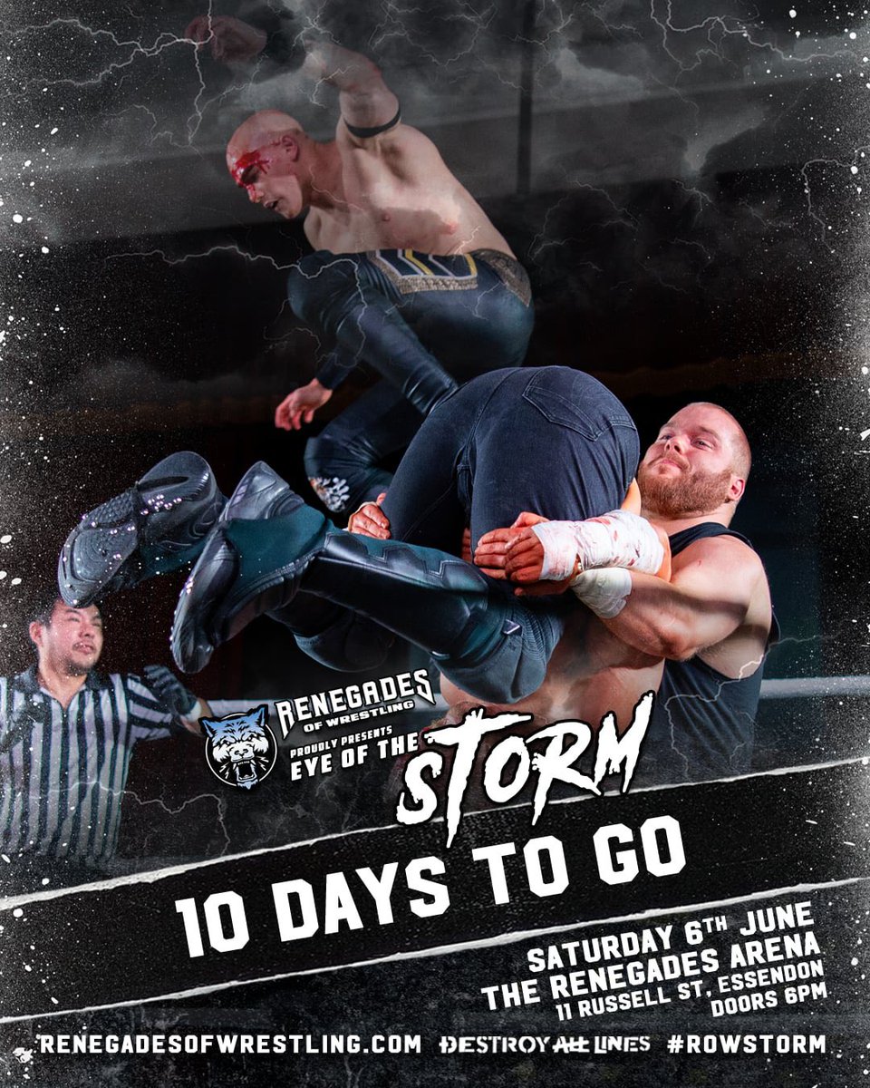 ROWrestlingAU's tweet photo. We’re just TEN DAYS away from #ROWstorm

The Ambush have issued an open challenge for their Renegades Tag Team Titles.

Who will answer the challenge on June 6 at the Renegades Arena in Essendon? 🤔

🎟️ https://t.co/Ea8UKr4tNa

📸 @digital__beard https://t.co/bZoVOLDN3Q