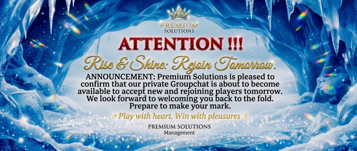 PremSol01's tweet photo. 𝐀𝐓𝐓𝐄𝐍𝐓𝐈𝐎𝐍 𝐏𝐑𝐄𝐌𝐈𝐔𝐌 𝐒𝐎𝐋𝐔𝐓𝐈𝐎𝐍𝐒 𝐌𝐄𝐌𝐁𝐄𝐑𝐒 ⚠️

The countdown to tomorrow is ON. 📣
Our private groupchat re-opens tomorrow to accept new and rejoining players. We’re stepping into a new era, and the crown is going to be much more brilliant. 💎👑

Make sure your notifications are turned ON so you don't miss the access link tomorrow morning.

𝒫𝓁𝒶𝓎 𝓌𝒾𝓉𝒽 𝒽𝑒𝒶𝓇𝓉. 𝒲𝒾𝓃 𝓌𝒾𝓉𝒽 𝓅𝓁𝑒𝒶𝓈𝓊𝓇𝑒𝓈.

— 𝐏𝐑𝐄𝐌𝐈𝐔𝐌 𝐒𝐎𝐋𝐔𝐓𝐈𝐎𝐍𝐒

#PremiumSolutions #RejoinTomorrow #YourSafetyIsOurTopPriority #YouAreNotAlone #StayPremium #WelcomePlayers #FlyWithPeace #ChillVibesOnly #KeepItCool #CF #NoFraudDeals #Slamrush #Slam