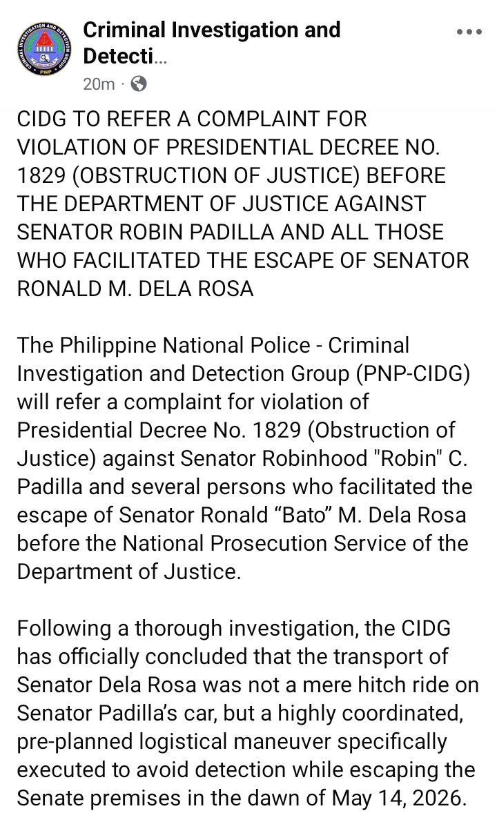 DeusXMachina14's tweet photo. CIDG to recommend filing of  obstruction of justice against Senator Robin Padilla before the DOJ. Following a thorough investigation, the CIDG concluded that the transport of Bato dela Rosa was not merely a hitch ride but a highly coordinated pre planned logistical manuever. https://t.co/c5quPyvr1s