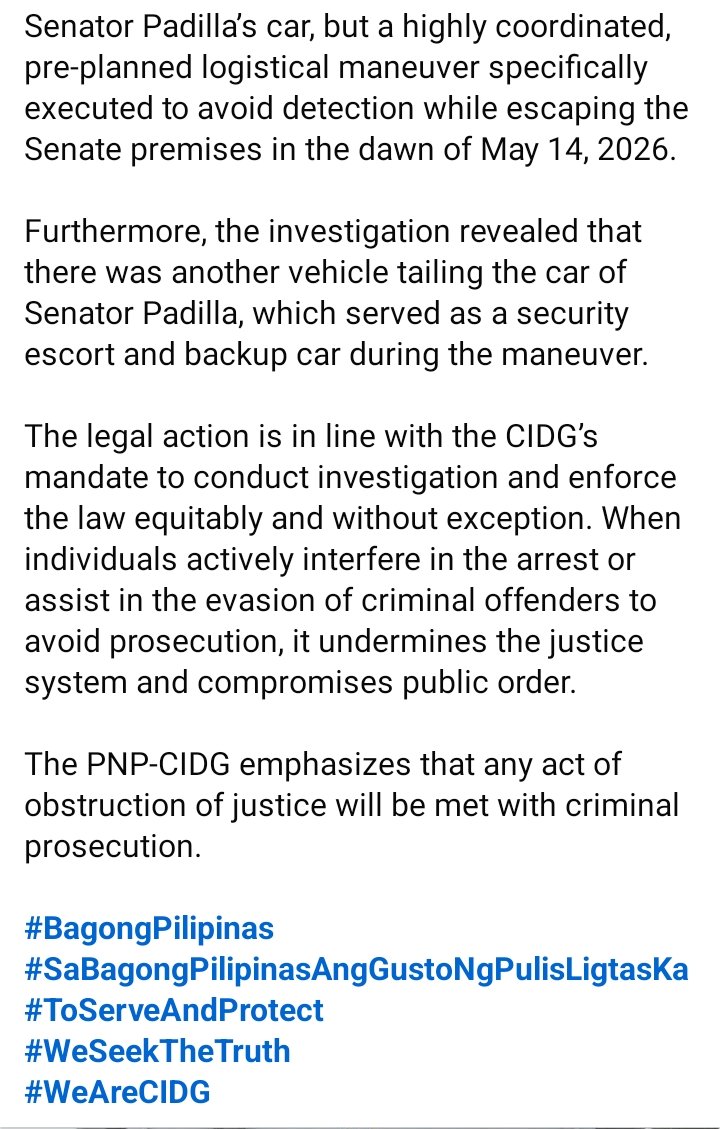 DeusXMachina14's tweet photo. CIDG to recommend filing of  obstruction of justice against Senator Robin Padilla before the DOJ. Following a thorough investigation, the CIDG concluded that the transport of Bato dela Rosa was not merely a hitch ride but a highly coordinated pre planned logistical manuever. https://t.co/c5quPyvr1s