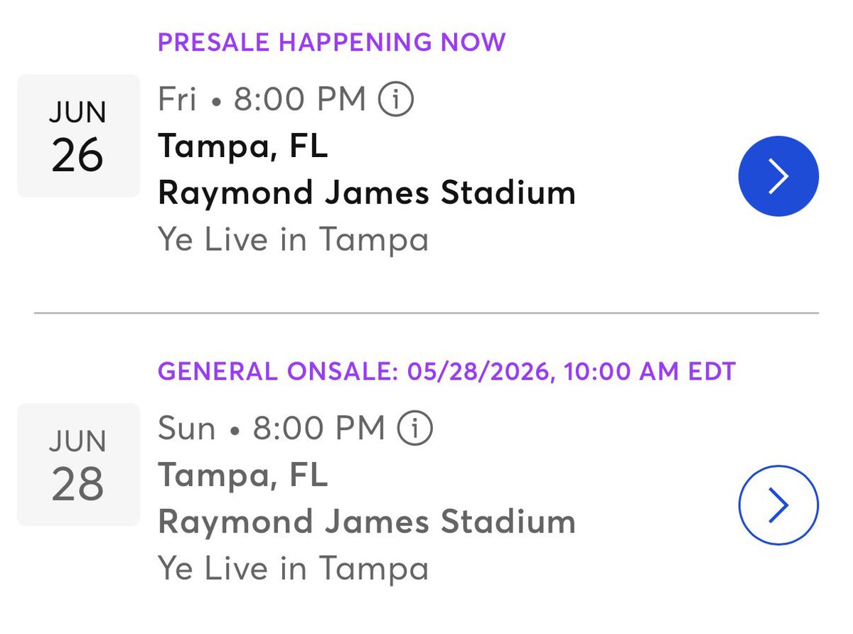 Synskii's tweet photo. Ticketmaster just put up a second date in Tampa for Ye https://t.co/Qlx1QvuPVw