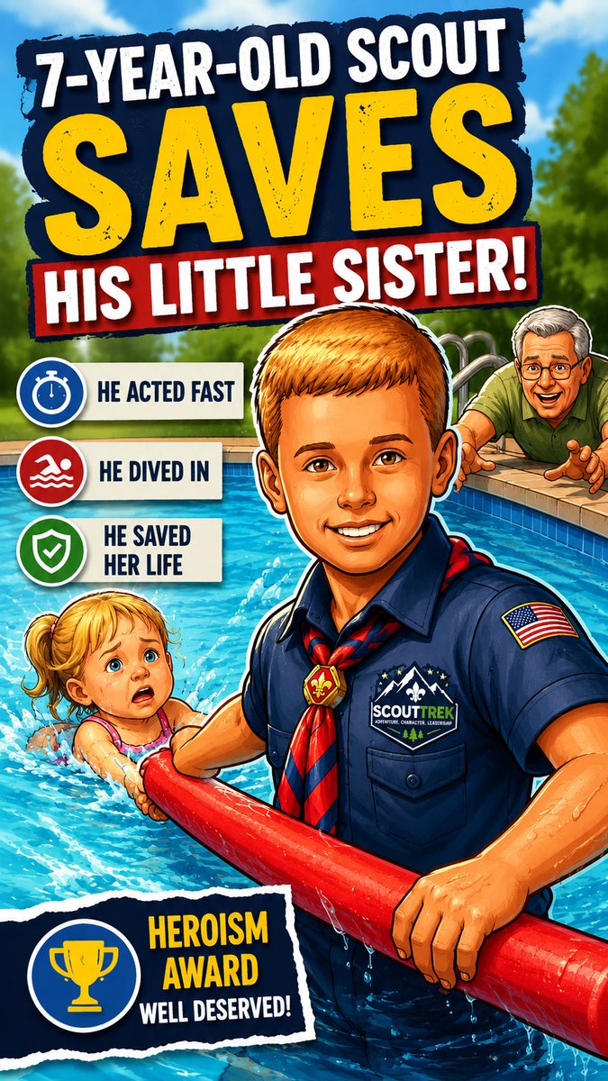 ScoutTrek's tweet photo. 🚨 Trailblazer Tuesday 🚨

7-year-old Wolf Scout Isaac Hajny saved his 3-year-old sister after she sank beneath a pool’s surface. His courage, quick thinking, and bravery earned him Scouting America’s Heroism Award. ⚜️

#ScoutTrek #CubScouts #ScoutSpirit https://t.co/usw60SN5gR