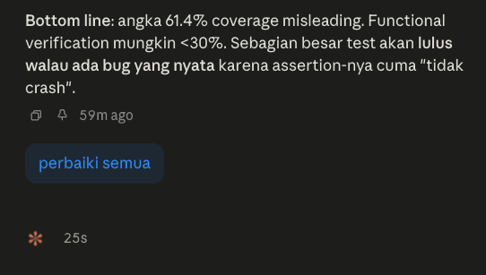 oggix's tweet photo. Si claude disuruh bikin test, habis itu suruh ngecek kerjaannya. 

Ngaku kalo ternyata sebagian besar test yang dibuat abal-abal aja :D

Lama-lama kayak outsource project aja inih https://t.co/q5A5MTX66m