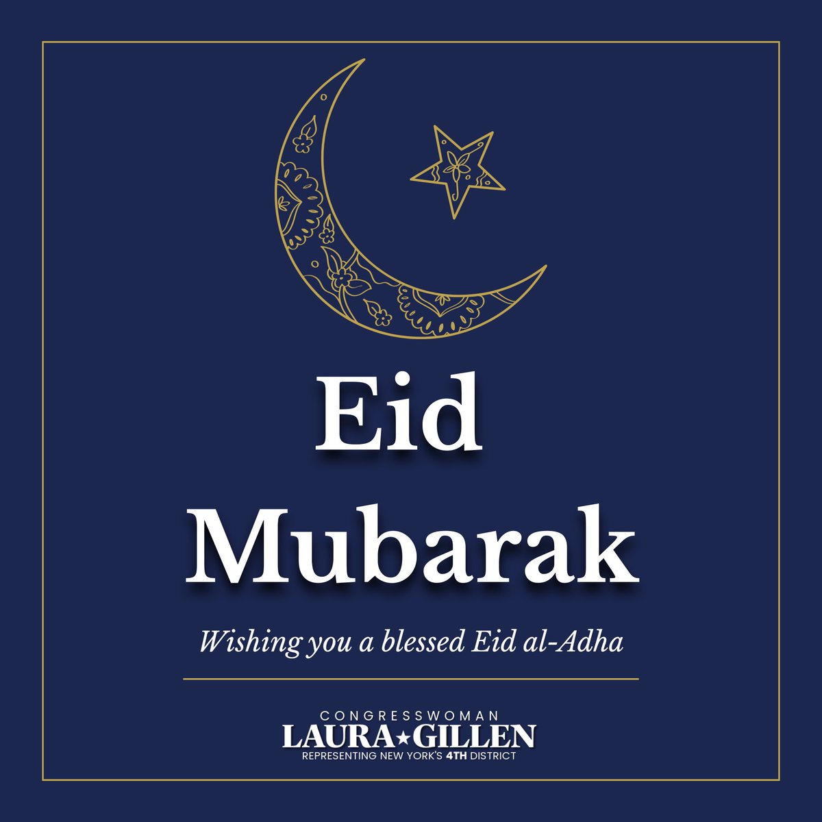 RepLauraGillen's tweet photo. Wishing everyone celebrating Eid al-Adha a joyful and blessed holiday.

Eid Mubarak! https://t.co/kyOdFzu7qE