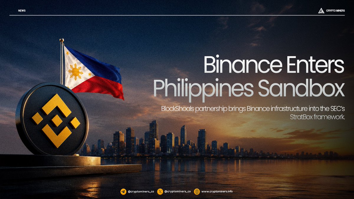 CryptoMiners_Co's tweet photo. Binance enters Philippines sandbox through BlockShoals partnership

@binance has partnered with BlockShoals to launch a digital asset platform under the Philippines SEC’s StratBox framework.

BlockShoals will act as the local intermediary while Binance provides infrastructure, security, and compliance systems ahead of a supervised sandbox phase starting in H2 2026 and running for at least 24 months.