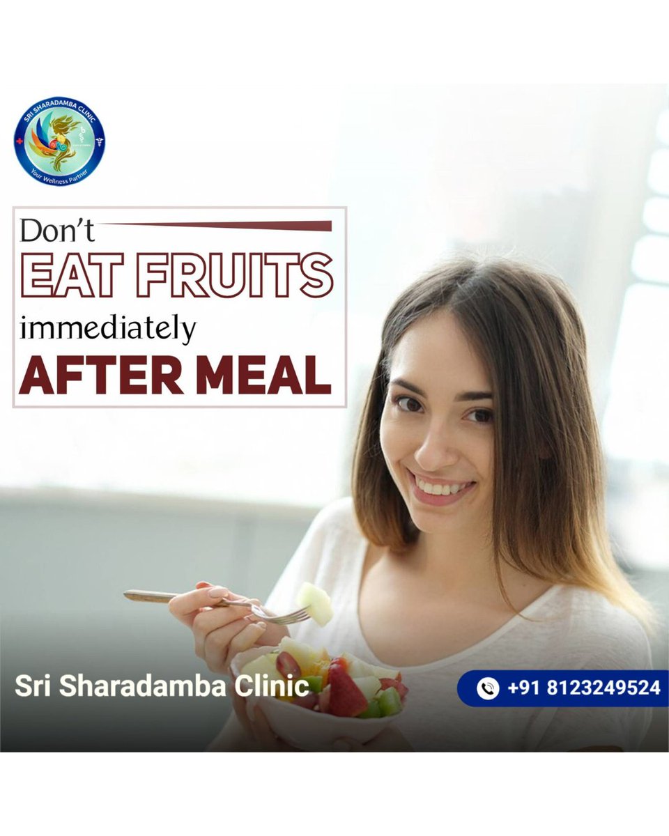 veervarsha's tweet photo. Avoid fruits right after meals ❌

They digest faster than cooked food → may cause bloating &amp; poor absorption.

✔️ Best time: Empty stomach

📍 JC Nagar, Bangalore
📞 +91 8123249524

#Ayurveda #GutHealth #HealthyEating #Bangalore #HealthTips #DrCharantimath #SriSharadambaClinic https://t.co/NMgTTiSjjv