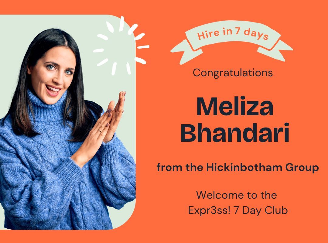 Expr3ss's tweet photo. A huge congratulations to Meliza from the Hickinbotham Group for officially joining the Expr3ss! 7 Day Club 👏🏻  Making a confident hire in just 7 days is not just fast - it is smart hiring powered by better insight. https://t.co/3o7fVP5ro0 https://t.co/sBWThN9tfj