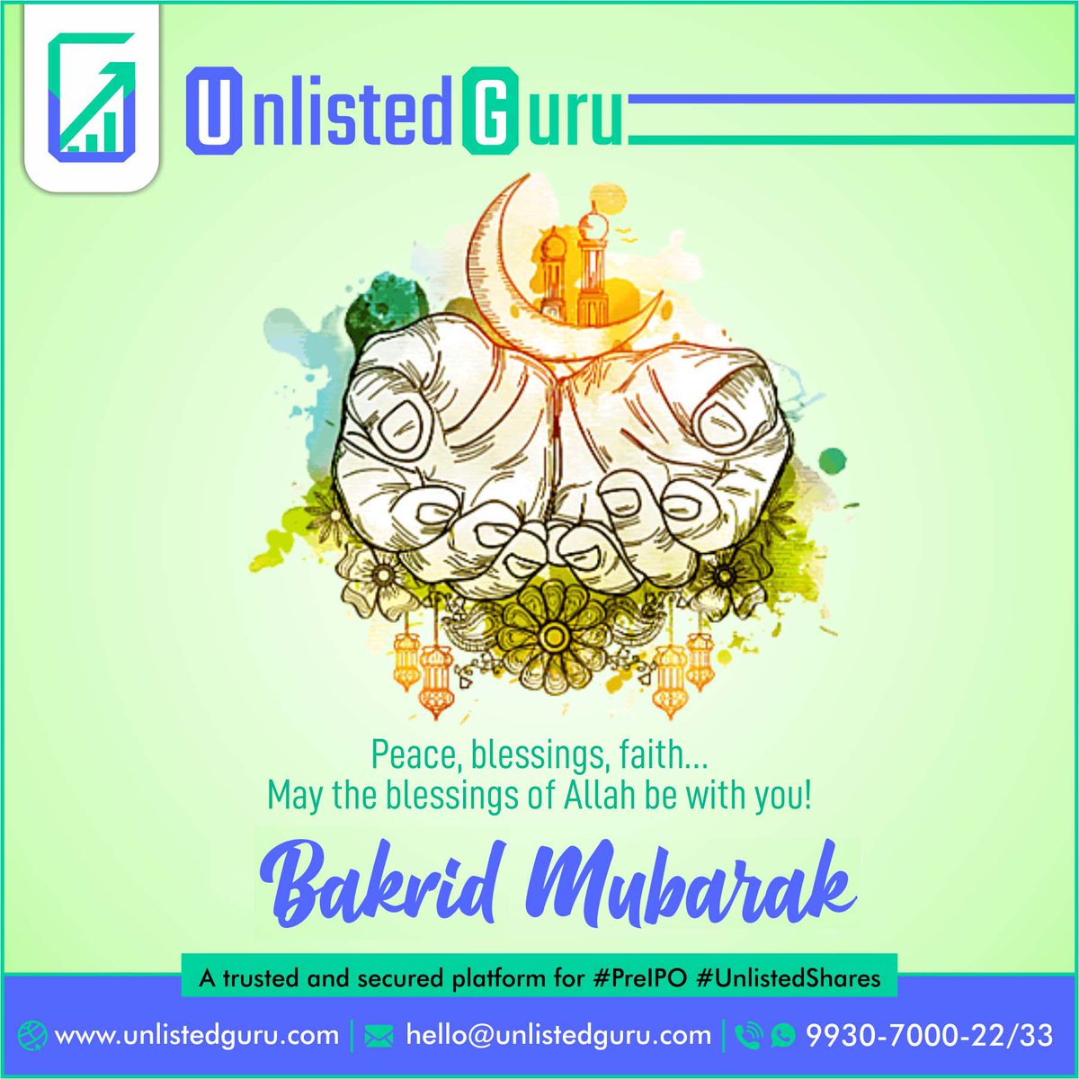 UnlistedGuru's tweet photo. May Allah flood your life with happiness on this occasion, your heart with love, your soul with spirituality, and your mind with wisdom.

Team #UnlistedGuru wishes everyone, Eid al-Adha Mubarak!

#BakriEid #Eid #EidMubarak #Ramadan #Allah #PreIPO #UnlistedGuru #ShareMarket https://t.co/dSEgXMKRlm