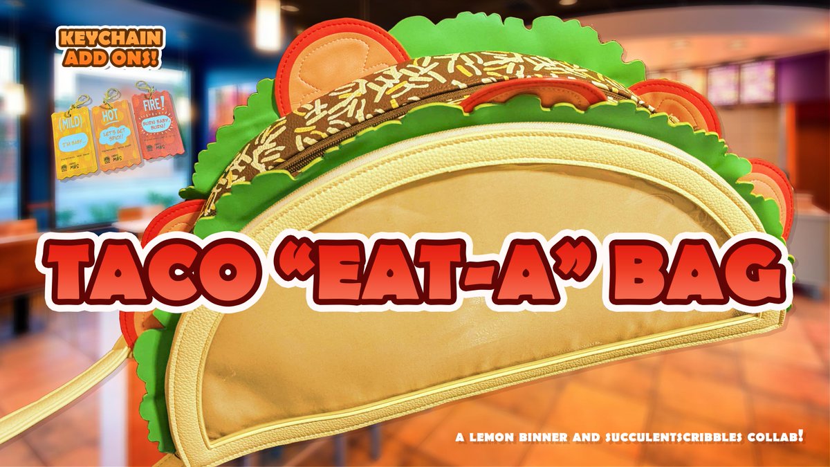 Sucscrib's tweet photo. Handmade  collabs at affordable prices is kind of my whole thing!! The Taco Eat-a Bag with Lemon Binner is no exception, double sided design, sauce pack keychains, all the fun, none of the price gouging tbh. Link below! https://t.co/5X69VgXE1s