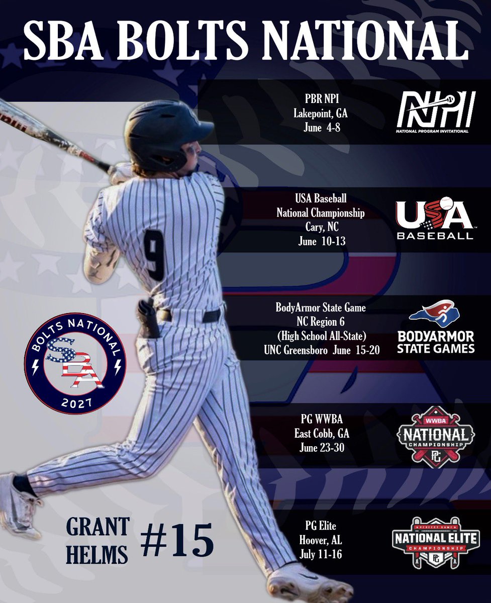Helms9Grant's tweet photo. Excited to get after it this summer with my guys! Here is my schedule for this summer, I will be wearing number 15 for SBA Bolts National. @BrianDavis_SBA @SBATheShow @jakerobbins49 @JRudd_Scout @FlatgroundBats @X2_Baseball https://t.co/JnJntEm8rV