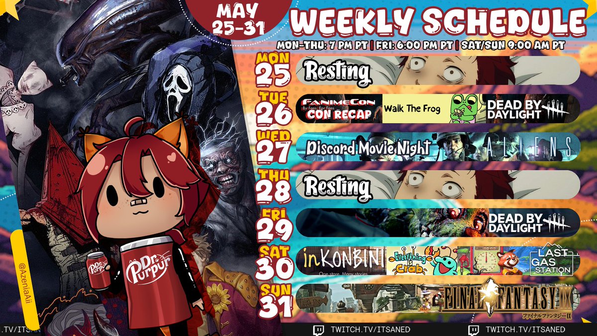 ItsAnEd's tweet photo. Amending the schedule slightly, we'll be watching Aliens in the discord on Wednesday.  Sorry for the quick adjustment. https://t.co/kDClQtAhTe