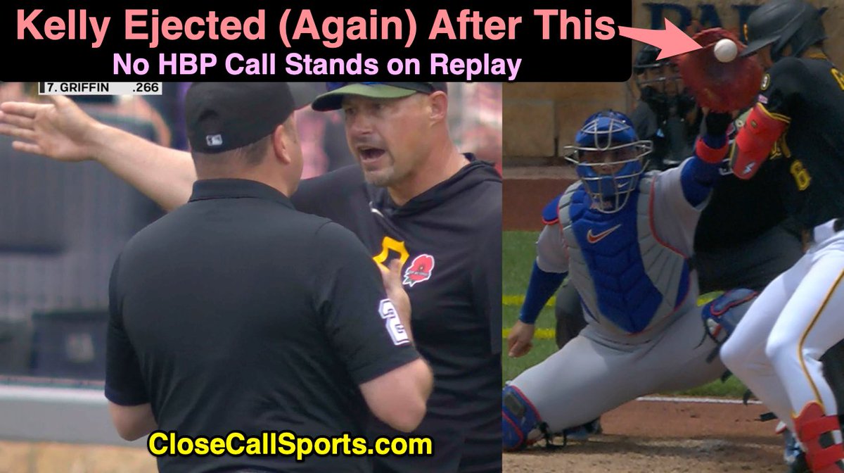 CloseCallSports's tweet photo. 3B Umpire Dan Bellino ejected Pirates manager Don Kelly (Replay Review 'call stands' decision on HBP challenge; QOCY) in the 2nd inning of the #Cubs-#Pirates game. Konnor Griffin likely was HBP, but thanks to "clear and convincing", the call stood. https://t.co/F5nVTVY2bo https://t.co/aMVeA0hg9m