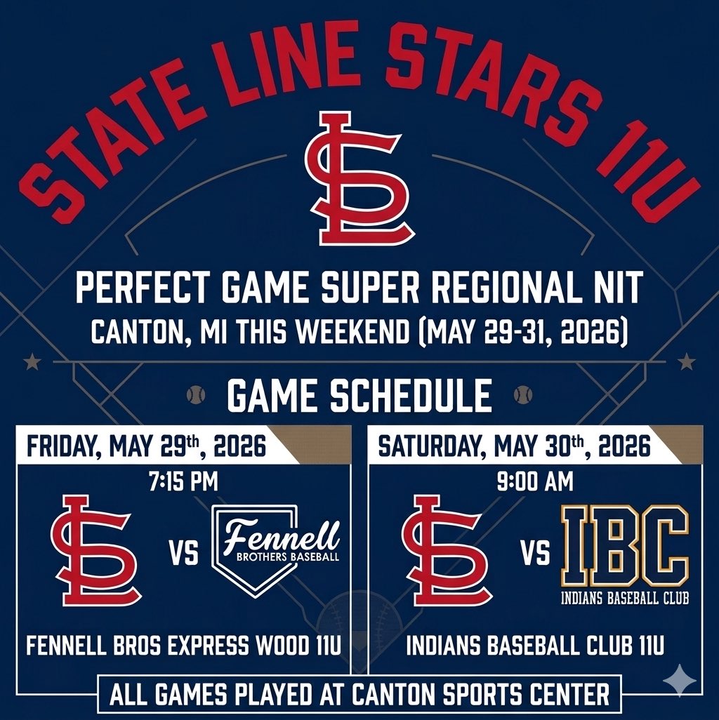 Stars11u's tweet photo. State Line Stars 11U heads to Canton, MI this weekend for the Perfect Game Super Regional NIT! πͺβΎοΈ
π Canton Sports Center
π Friday, May 29
π Fennell Bros Express Wood 11U
β° 7:15 PM
π Saturday, May 30
π Indians Baseball Club 11U
β° 9:00 AM
#StateLineStars https://t.co/WxutD4TP2m