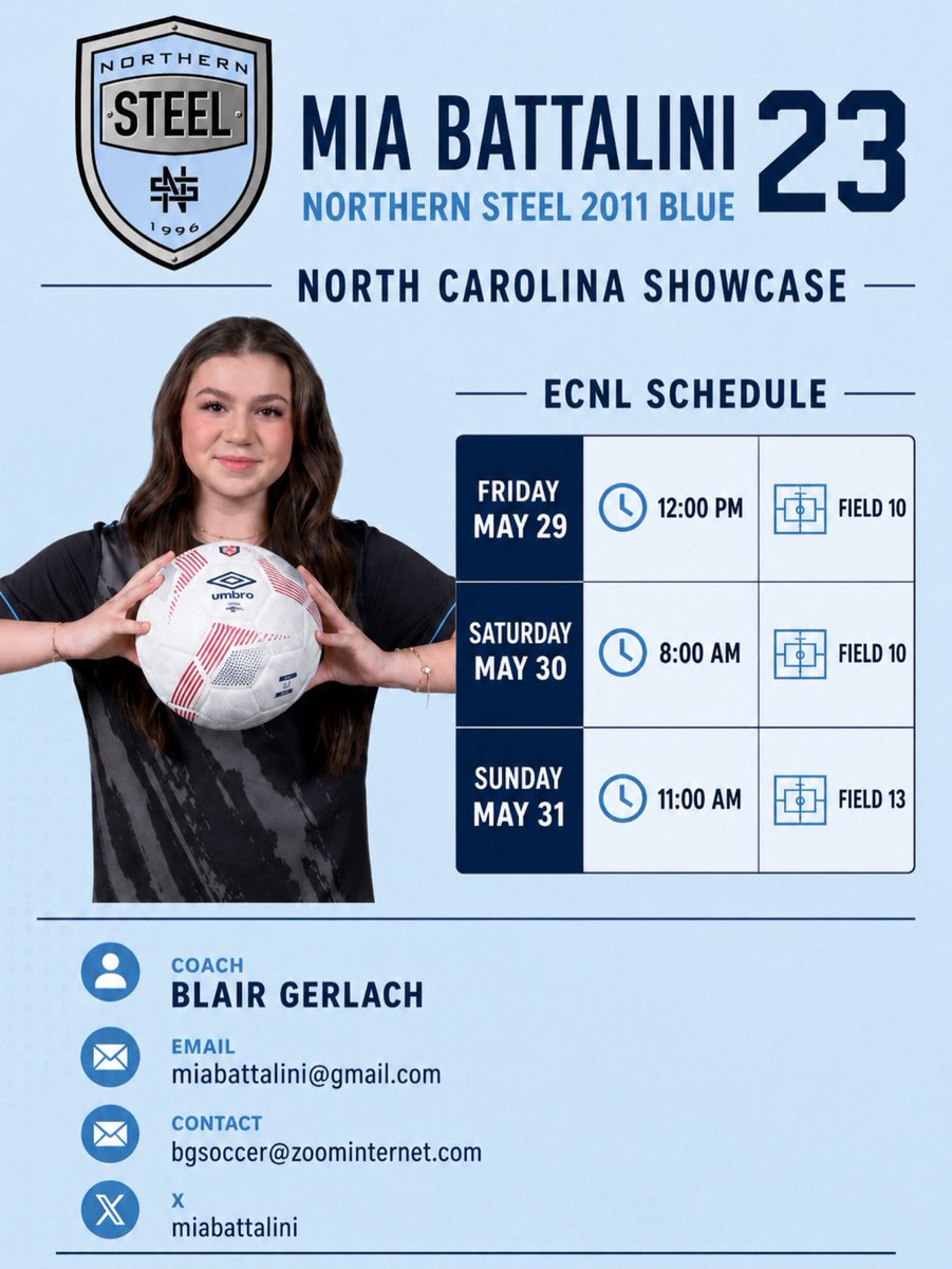 miabattalini's tweet photo. I'm looking forward to playing against some great competition in North Carolina this weekend with my 2011 Blue @NorthernSteel_ team! Come watch us play at 📍Truist Sports Park, NC

#ECNLRL 
@TheSoccerWire 
@ECNLgirls
@TheECNL https://t.co/nxngAm0xiJ