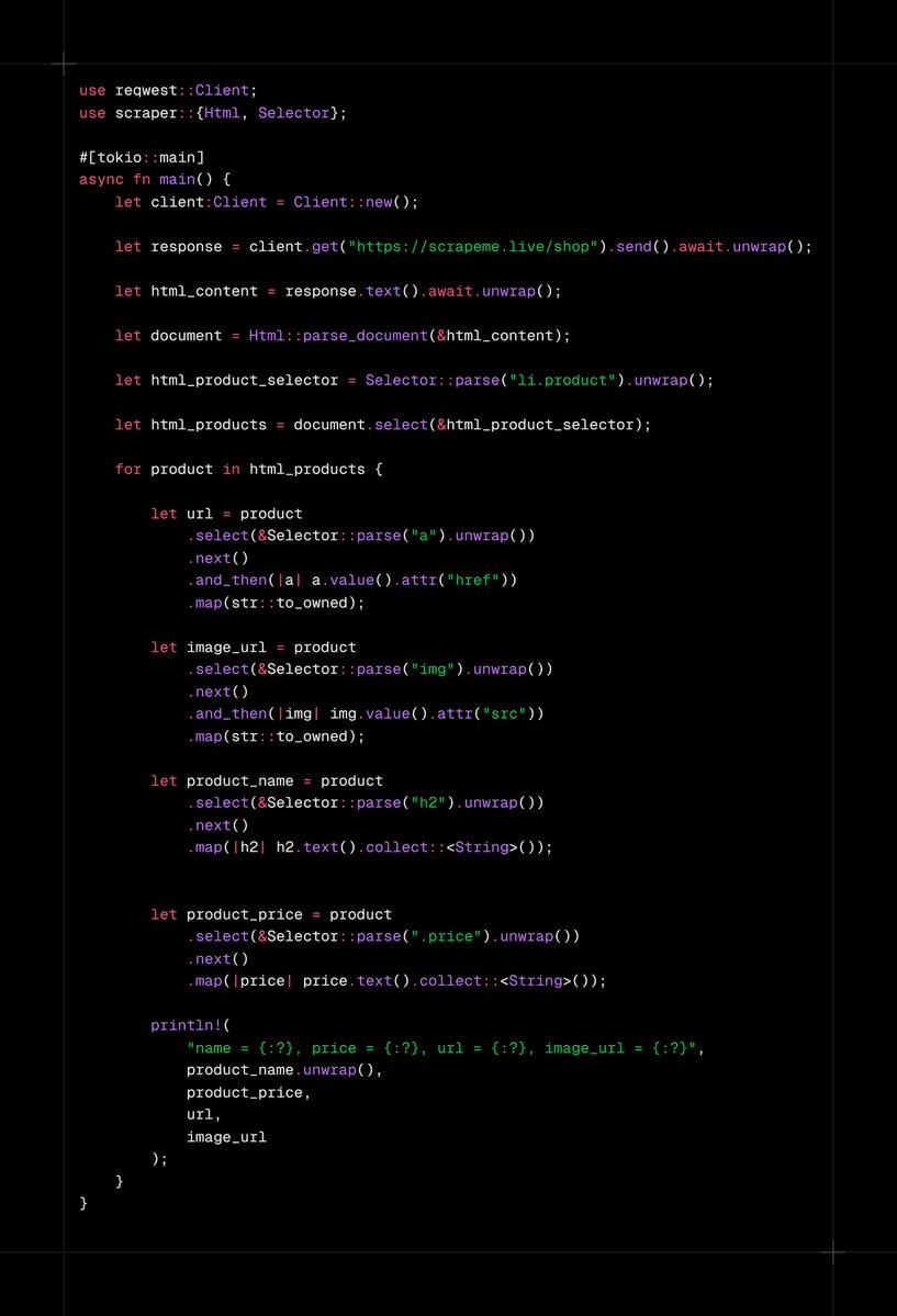 waynethefuture's tweet photo. Today I worked on building a web scraper in rust. 

> Learnt how to make and request in rust using the reqwest library
> Learnt about async rust
>Used the scraper library as well and learnt about rusts way of making type explicit

About to shut off for a while and build bigger. https://t.co/8kFmwFwxJL