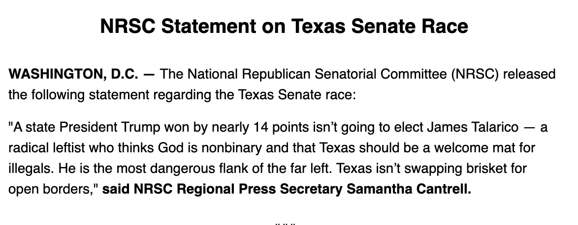birenbomb's tweet photo. NRSC statement doesn't mention Paxton --- running way ahead in the #txsen runoff -- by name. The group has spent months bashing Paxton, sometimes in highly personal terms.

Instead, the Senate Republican campaign arm takes aim at Talarico https://t.co/H7dMs7MqMB