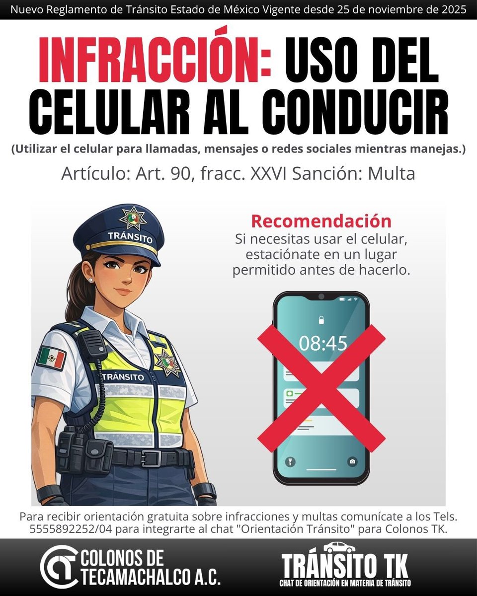 ColonosTK's tweet photo. 🚨 *“Conduce Seguro EDOMEX 2026” en Lomas de Tecamachalco* 🚗

El nuevo reglamento ya está vigente y sí está cambiando la forma de sancionar.

📲 Si eres colono, súmate a nuestro chat de Orientación Tránsito y recibe apoyo en tiempo real. Llama al 5555892252/04 https://t.co/OJKgQ25SMs