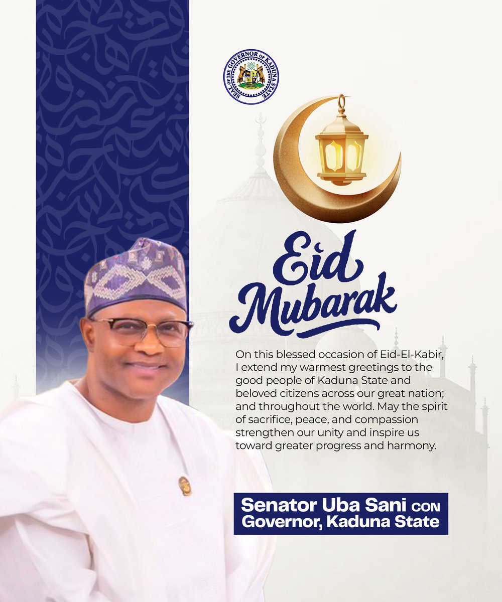 ubasanius's tweet photo. EID EL-KABIR: A TIME FOR SACRIFICE, REFLECTION, AND RENEWED HUMANITY
 
In the Name of Allah, the Most Beneficent, the Most Merciful.
 
I extend warm felicitations to the good people of Kaduna State and beloved citizens across our great nation; and throughout the world as we celebrate Eid el-Kabir; a sacred season of profound spiritual reflection, sacrifice, and gratitude to Almighty Allah SWT.
 
Eid el-Kabir occupies a unique place in the moral and spiritual consciousness of Islam. It commemorates the exemplary obedience of Prophet Ibrahim (AS), whose complete submission to the will of Allah remains one of the greatest testaments of faith in human history. His steadfastness, together with the devotion and trust demonstrated by his family, continues to illuminate the path of righteousness for generations of believers.
 
Beyond the symbolic act of sacrifice lies the enduring essence of this festival: the triumph of faith over fear, of conviction over comfort, and of compassion over self-interest. The Holy Qur’an reminds us with timeless clarity: “It is neither their meat nor their blood that reaches Allah, but it is piety from you that reaches Him.” (Qur’an 22:37). In this profound verse resides the true spirit of Eid: that sincerity, humility, mercy, and purity of intention are the virtues most cherished by Allah.
 
At a time when many families and communities continue to confront economic and social pressures, the lessons of Eid assume even greater significance. This season calls upon us to deepen our humanity; to stand beside the vulnerable, extend kindness to neighbours, comfort those in distress, and ensure that no member of society is abandoned to hardship or despair. A compassionate society is not built merely through institutions and policies, but through the moral choices of its citizens.
 
As a government, these values continue to guide our vision and actions in Kaduna State. We remain committed to building a state anchored on justice, inclusion, peaceful coexistence, and shared prosperity. Our administration will continue to invest in education, healthcare, agriculture, infrastructure, social protection, youth empowerment, and economic opportunities that restore dignity and expand hope for our people.
 
I wish to sincerely commend the citizens of Kaduna State for their resilience, maturity, and enduring commitment to peace. Our diversity remains one of our greatest collective strengths. We must therefore continue to reject every form of division, intolerance, and violence, while nurturing the bonds of mutual respect and understanding that sustain harmonious communities.
 
As we gather with family and loved ones in celebration, let us remember those facing difficulty and extend the joy of Eid to every home within our reach. Let us also continue to pray for our state and our nation; for enduring peace, security, stability, and a future defined by justice and shared progress.
 
May Almighty Allah accept our prayers, sacrifices, and acts of charity. May He continue to guide us on the path of wisdom and righteousness, and bless Kaduna State and Nigeria with peace, mercy, and abundant prosperity.
 
Eid Mubarak.
 
Senator Uba Sani, CON
Governor, Kaduna State.
May 27, 2026