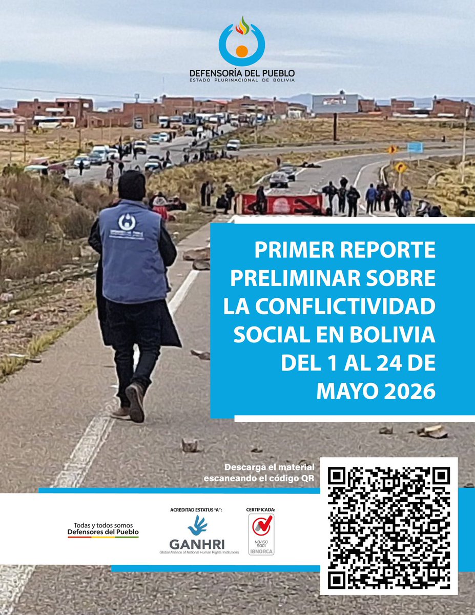 PedroCallisayaA's tweet photo. Hoy presentamos el Primer Reporte Preliminar sobre la Conflictividad Social en Bolivia (1 al 24 de mayo de 2026).

El informe da cuenta de una realidad que aún sigue abierta y sensible: 321 personas arrestadas, 23 personas heridas y 7 fallecimientos en el contexto de la conflictividad. Detrás de cada cifra hay vidas, familias y dolores que el país no puede normalizar.

La conflictividad deja huellas profundas en la vida cotidiana, en la salud y en la convivencia social. Sus consecuencias siguen presentes y latentes en distintos puntos del país.
Desde la Defensoría del Pueblo hemos acompañado en terreno con acciones humanitarias, verificación de derechos humanos y gestión para proteger la vida y el debido proceso.

Reiteramos el llamado urgente al diálogo y a la desescalada de la violencia. La vida no puede seguir quedando en medio del conflicto.

@RINDHCA @RELE_CIDH @ONU_derechos @volker_turk @ErbolDigital @noticiasfides