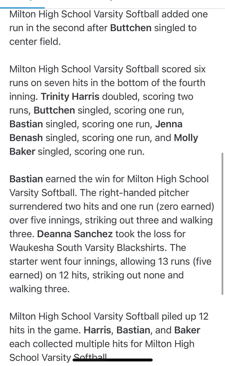 Shane_Buttchen's tweet photo. Final: Milton 13 — Waukesha South 1 
@kyleebuttchen10 | 2B | Class of 2027
3-for-3 | Triple | 2 Singles | 5 RBI | 2 Runs Scored
Directly responsible for 7 of 13 runs.
C / 2B / 3B / OF | Contact Hitter | High OPS
4.0 GPA | National Honor Society | Pre-Med
@BadgerSoftball @ProductionsW7