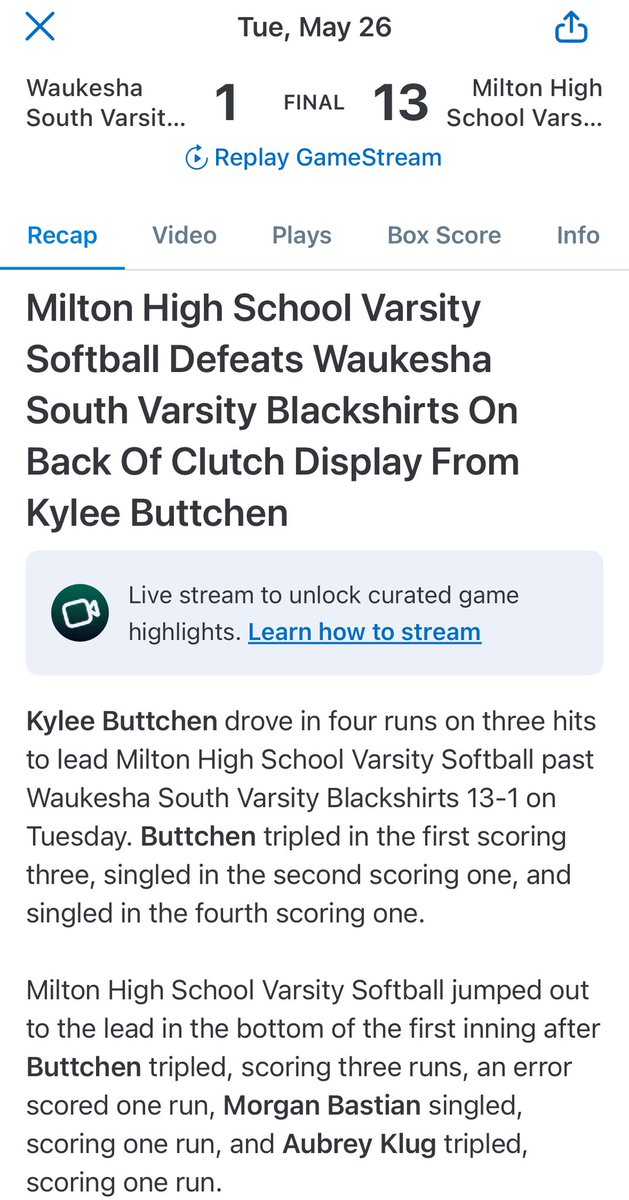 Shane_Buttchen's tweet photo. Final: Milton 13 — Waukesha South 1 
@kyleebuttchen10 | 2B | Class of 2027
3-for-3 | Triple | 2 Singles | 5 RBI | 2 Runs Scored
Directly responsible for 7 of 13 runs.
C / 2B / 3B / OF | Contact Hitter | High OPS
4.0 GPA | National Honor Society | Pre-Med
@BadgerSoftball @ProductionsW7
