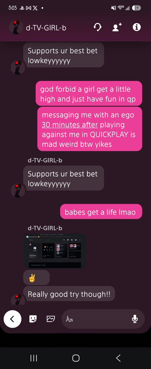TwippyHippy's tweet photo. genuinely how fucking pathetic do you have to be to dm 30 minutes after winning against me in qp when im high as fuck minding my business ? some of yall desperately need to make friends or touch grass https://t.co/zjrwFCiWgB