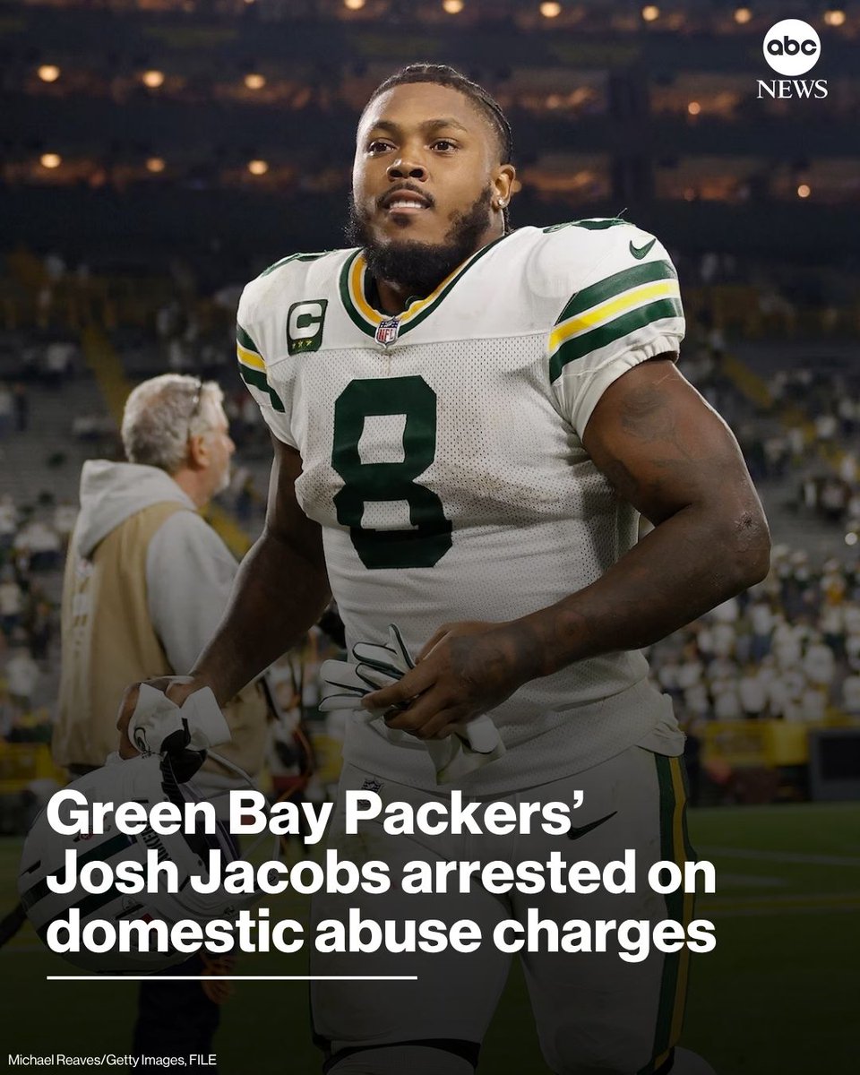 ABC's tweet photo. Green Bay Packers running back Josh Jacobs was arrested on domestic abuse charges in Wisconsin on Tuesday, police said. https://t.co/Kwdwjt9lyu https://t.co/LOHNJnTx82