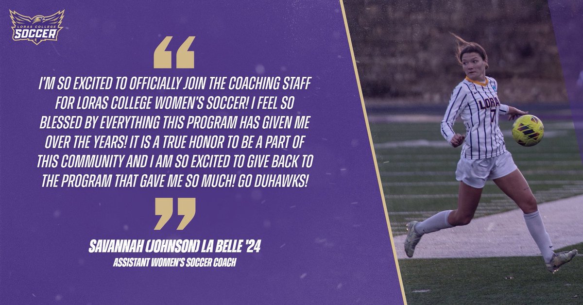 LorasWSoccer's tweet photo. Excited to welcome Savannah (Johnson) La Belle ‘24 to our coaching staff!
 
Coach Sav had a decent playing career at Loras Soccer..👀

2x NCAA All-American
2023 Conference MVP 
2021 NCAA FINAL FOUR
4x NCAA SWEET 16
4x Conference Reg. Season Champs
4x Conference Tourney Champs https://t.co/tjfQyGYMs6