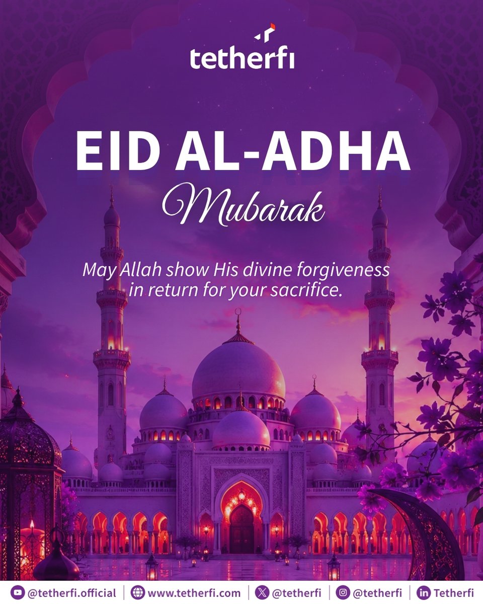 tetherfi's tweet photo. Wishing you a blessed Eid Al-Adha 1447H 🕌

May this season of sacrifice and gratitude bring peace, prosperity, and meaningful moments with your loved ones.

Selamat Hari Raya Haji.

#Tetherfi #EidAlAdha #HariRayaHaji #Gratitude #Blessings #Moslem https://t.co/tP3TDtPGrM