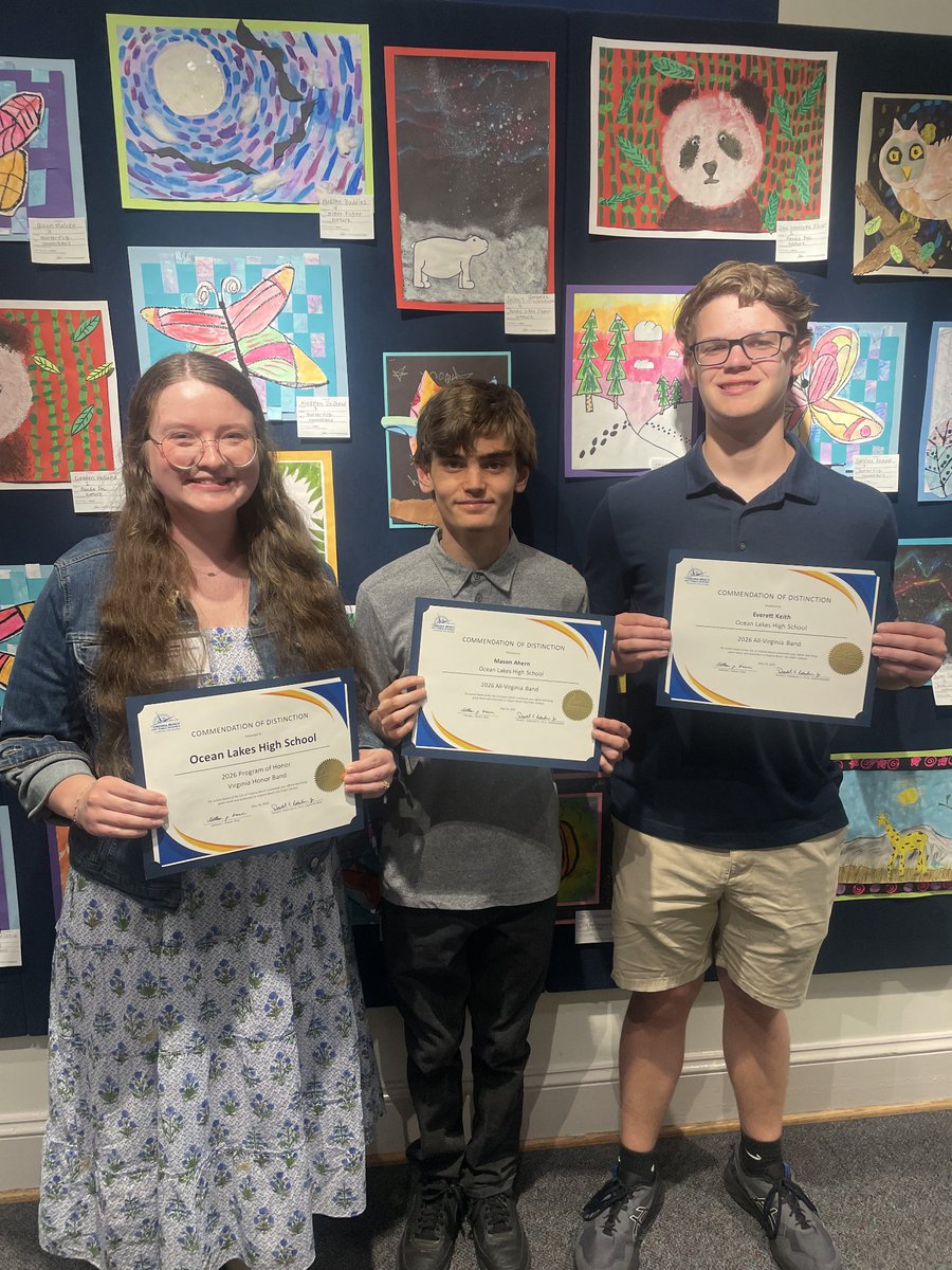 OceanLakesHS's tweet photo. Congratulations to our talented Ocean Lakes High School musicians on their outstanding achievements! 🎶💙🐬🎼

We are proud to celebrate Katelyn Proffitt for earning a place in the Virginia Honor Band and Mason Ahern and Everett Keith for being selected to the All-Virginia Band! https://t.co/oCN14Ozl8M