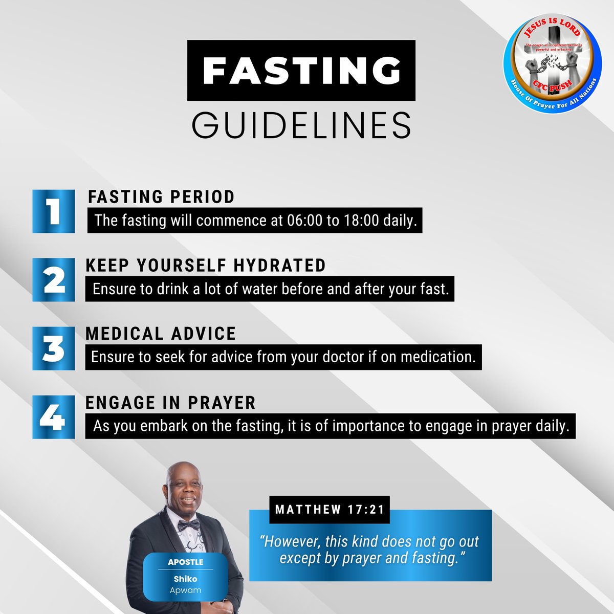 cfcpush's tweet photo. Join us for our annual 40 Days of Prayer and Fasting from 1 June – 10 July.

Prayer Schedule:
•00:00 – 02:00 
•06:00 – 09:00 
•18:00 – 21:00 

Matthew 17:21 - “However, this kind does not go out except by prayer and fasting.” https://t.co/6Cn27Xvz2s
