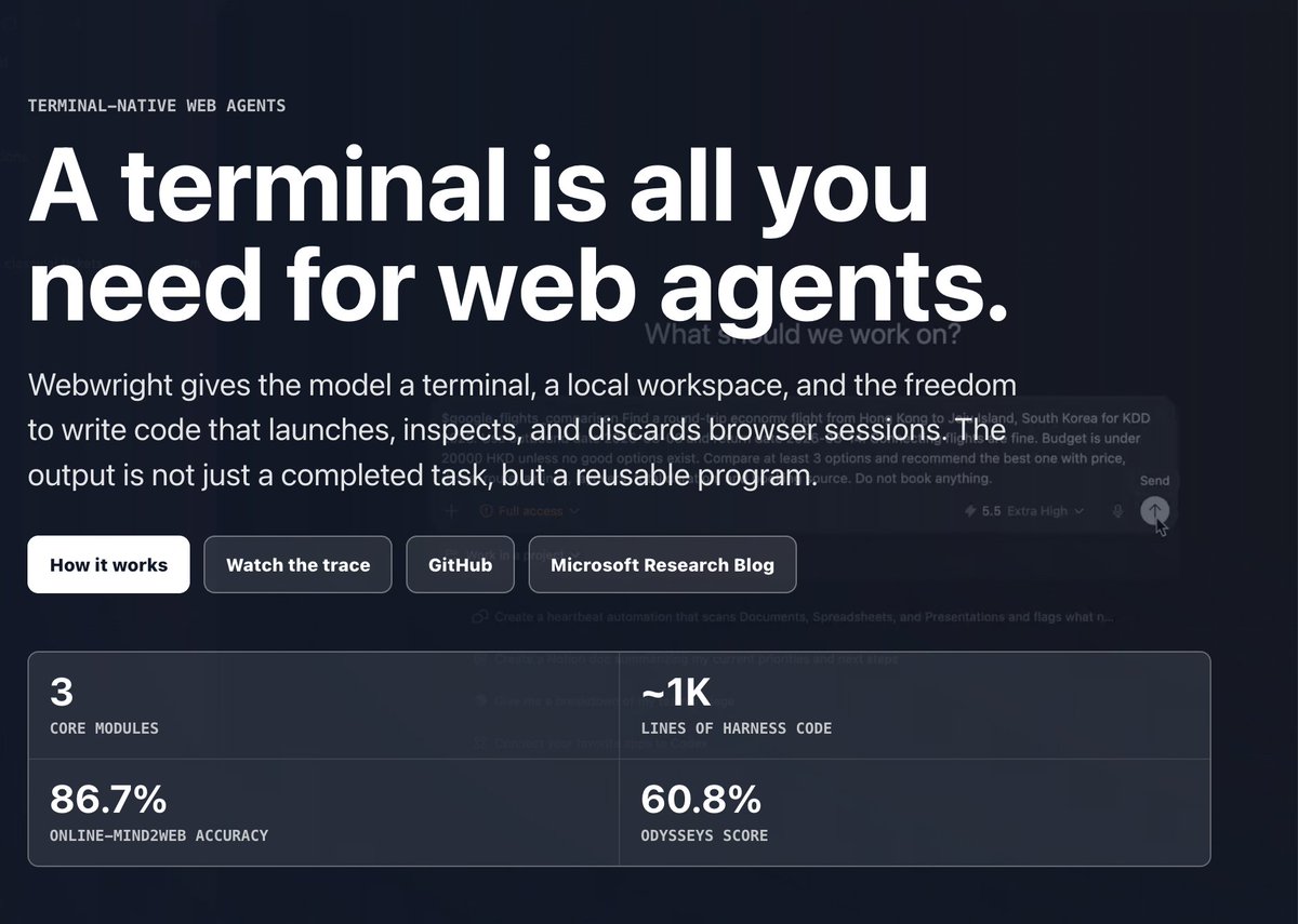微软发布终端原生 Web Agent 框架：Webwright
https://t.co/yV6p876par

核心设计：代码即动作
传统网页智能体采用"观察→预测下一步点击→执行"的循环，每一步都...
