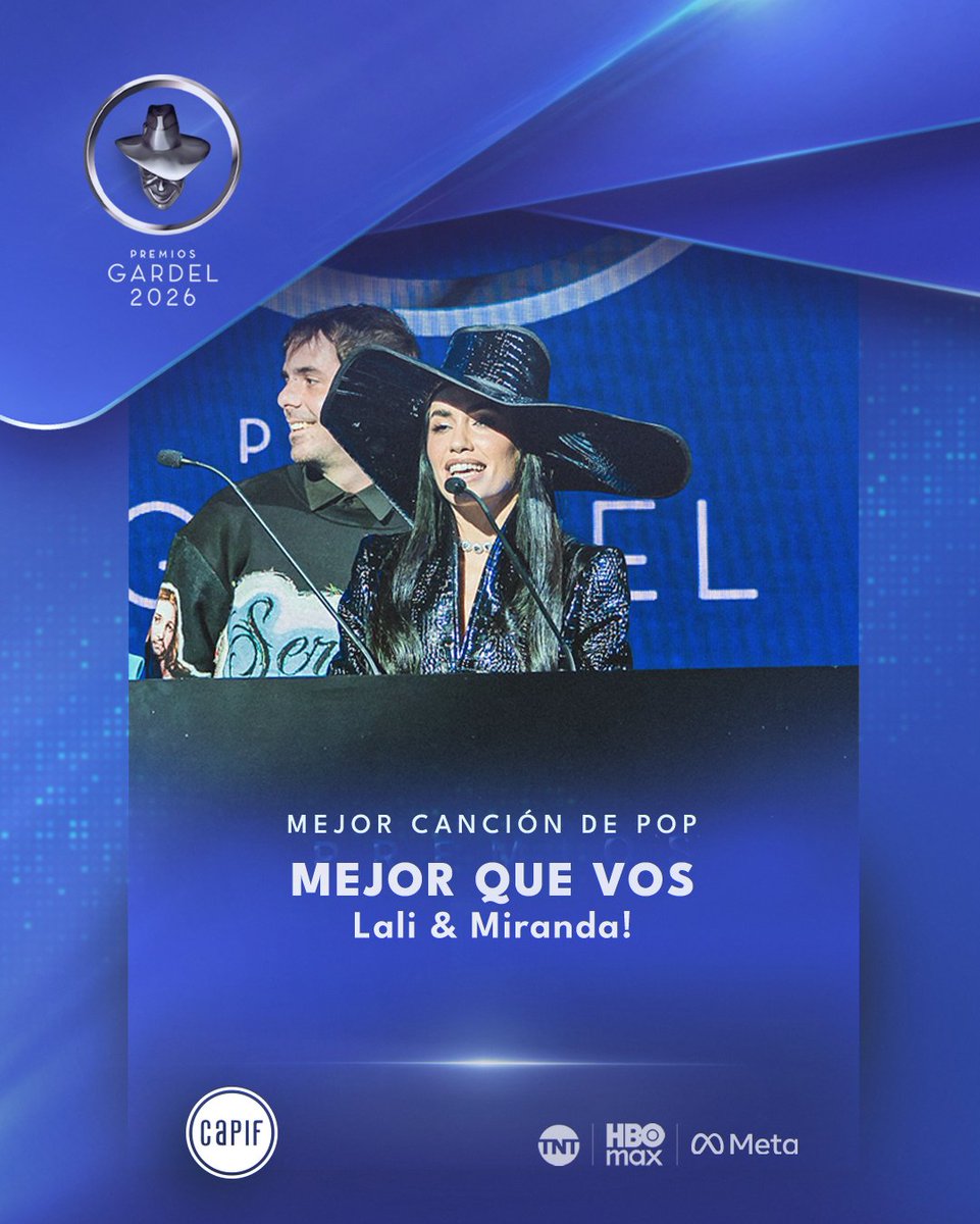 PremiosGardel's tweet photo. ¡Felicitamos a @lalioficial y @mirandaenvivo! Ganadores en los #PremiosGardel2026 en la categoría Mejor Canción de Pop ✨ https://t.co/82q8Sb4DzC