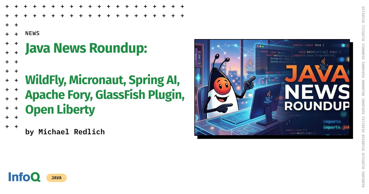 InfoQ's tweet photo. It’s been a big week across the #Java ecosystem!

• WildFly 40
• Micronaut 5.0
• Maven Embedded GlassFish Plugin 8.0
• Apache Fory 1.0
• Open Liberty May 2026 edition
• and more

 🔗#InfoQ News Roundup:  https://t.co/5t7q0INpbM

#SpringAI #Micronaut #WildFly #Kafka https://t.co/agRHvNcm2T