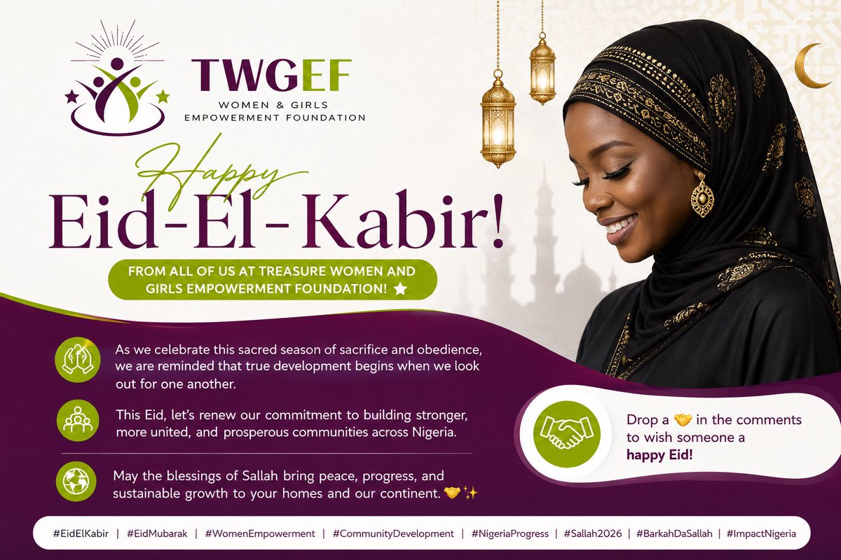 WomenEpe's tweet photo. ✨ Happy Eid-El-Kabir! ✨
May this season bring peace, joy, favour, and abundance to every home. 🤍🌙
From all of us at Treasure Women &amp; Girls Empowerment Foundation — we celebrate with you!
👇 COMMENT “EID MUBARAK” 
#EidMubarak #TWGEF #WomenAndGirls #Sallah2026 #CommunityImpact https://t.co/9xz5iSkDzq