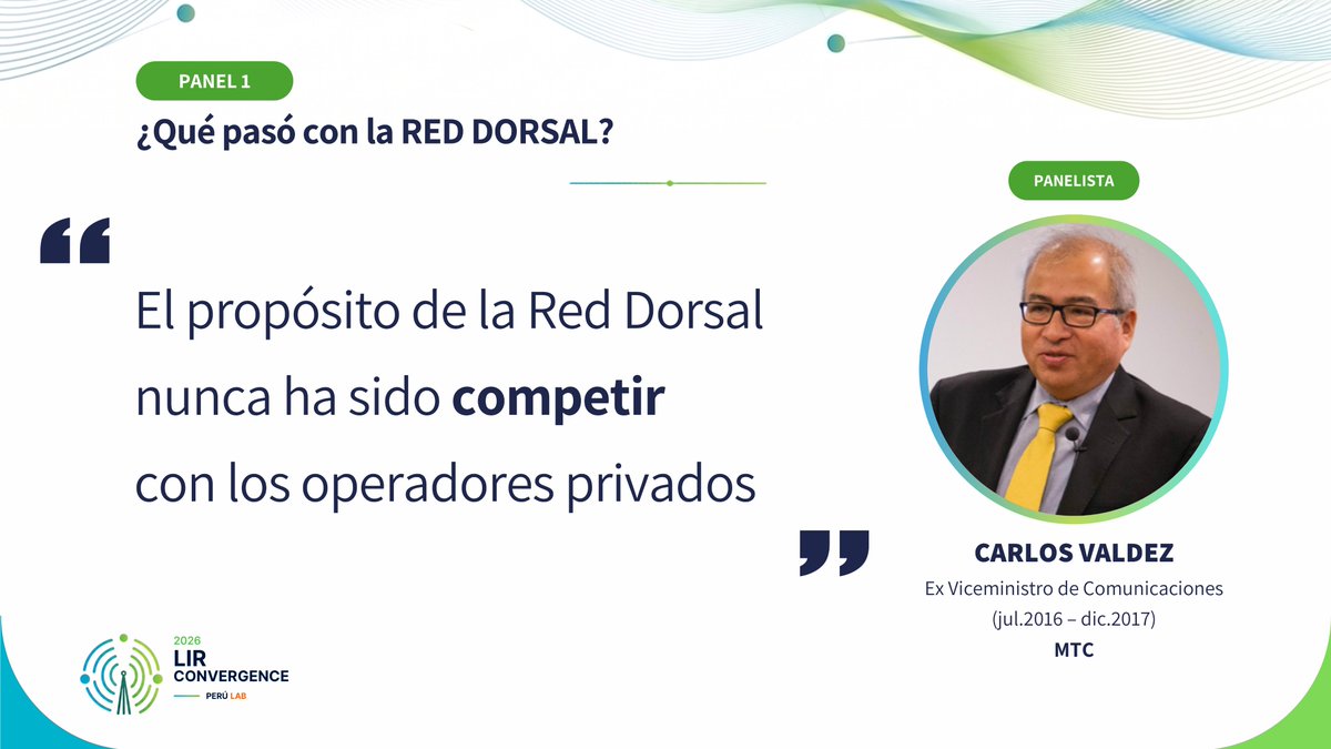 chuamant's tweet photo. Por considerarlo de interés, a continuación sintetizamos el mensaje compartido por cada participante en el panel 1 de la conferencia 𝗖𝗢𝗡𝗩𝗘𝗥𝗚𝗘𝗡𝗖𝗘 𝟮𝟬𝟮𝟲 (13.may.2026).

✔️ 𝗖𝗔𝗥𝗟𝗢𝗦 𝗩𝗔𝗟𝗗𝗘𝗭 (𝗲𝘅 𝗩𝗶𝗰𝗲𝗺𝗶𝗻𝗶𝘀𝘁𝗿𝗼 𝗱𝗲 𝗖𝗼𝗺𝘂𝗻𝗶𝗰𝗮𝗰𝗶𝗼𝗻𝗲𝘀-𝗠𝗧𝗖)
Contrato 2013 no alineado con dinámica de mercado 2014+. Modelo dorsal futuro debe descartar que #RedDorsal compita con operadores privados.
VIDEO (6') ➡️ https://t.co/z8mrEgBSTh