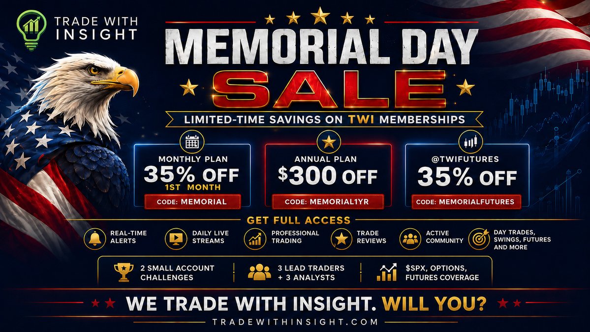 twinsight_x's tweet photo. 🚨 LAST CHANCE - MEMORIAL DAY SALE 🇺🇸

EXPIRES @ MIDNIGHT ✅

👉 https://t.co/GbIHc0040P

🔥 Monthly Plan: 35% OFF your first month 
https://t.co/iUAksNItC8

💎 Annual Plan: $300 OFF your first year ($166 month) - Best Deal 
https://t.co/HGk0IaEyOV

🔥 @TWI_futures: 35% OFF your first month
https://t.co/UEAYKlqRfv

What’s included 👀

• 2 Small Account Challenges
• 3 Lead Traders
• 3 Analysts:
• monkeyBOT™ Alerts included
• $SPX, options, and futures coverage
• Daily live stream with video + audio
• Precise alerts with entries, exits, and contract count
• Full Discord access
• iOS app access
• Continuous education and market support

This is your chance to get inside the room, trade with structure, and learn alongside a team that shows up every day.

We Trade With Insight. Will you? 💡

👉 https://t.co/GbIHc0040P

$TSLA $NVDA $MU $ASTS $AMD $RKLB $SPX