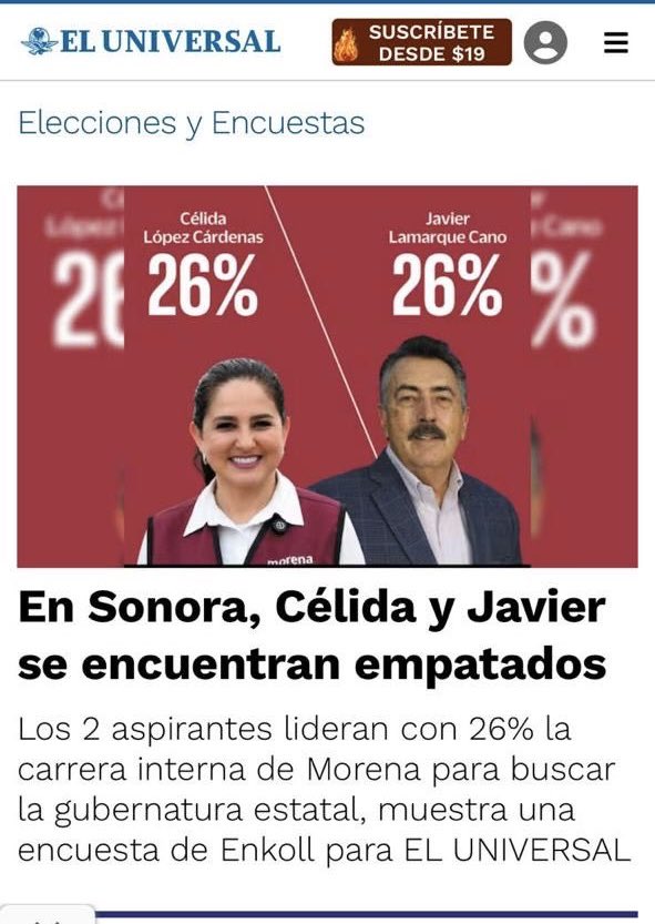 CortedeCajaMX's tweet photo. 🔍 Javier Lamarque el más cercano a la Presidenta Sheinbaum y también el de mayor preferencia en Sonora en empate con Célida López: Encuesta Enkoll para El Universal.
👁️ VER nota 👉https://t.co/9IV0VjGisO 👈
🔍 Corte de Caja #CortedeCaja #CortedeCajaNoticias #Sonora2027
#Sonora https://t.co/uuQbaJbceK