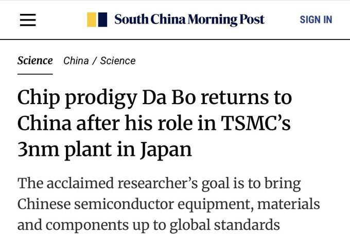 Unveiled_ChinaX's tweet photo. Beijing has scored a major intelligence and talent victory in the semiconductor war, extracting a top scientist directly from TSMC’s advanced supply chain to turbocharge its domestic chip production.

Renowned semiconductor prodigy Da Bo has officially returned to China along with his entire research team, abandoning a highly celebrated career in Japan to become a chair professor at the University of Science and Technology of China (USTC). Da Bo previously rose through the ranks as the youngest tenure-track academic in the history of Japan’s National Institute for Materials Science (NIMS). Crucially, he led a joint research project with U.S. chip equipment giant Lam Research that developed the core materials and inspection equipment directly underpinning TSMC’s upgraded 3nm advanced production line in Kumamoto, Japan.

His highly coordinated repatriation deals a direct blow to allied chip containment efforts. Da Bo openly stated that his explicit goal is to immediately elevate Chinese semiconductor equipment, materials, and components to dominant global standards. By extracting a team that intimately understands the engineering secrets of TSMC’s 3nm process, Beijing is effectively bypassing Western sanctions, using reverse-engineered talent to systematically close the technology gap with the West.

#UnveiledChina #ChipWar #TSMC #Semiconductors #DaBo #TechEspionage #TaiwanStraight #USTC