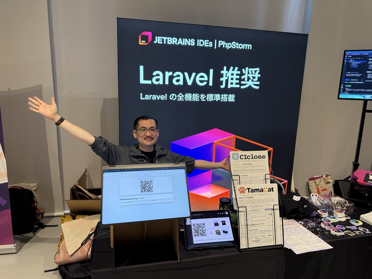 Samuraism's tweet photo. おはようございます。本日もサムライズムは #laravellivejp にJetBrainsと共同出展しております。ぜひブースにお越しいただき、JetBrainsのAIなど、最新機能をチェックしてください！ https://t.co/BcNddopqAY