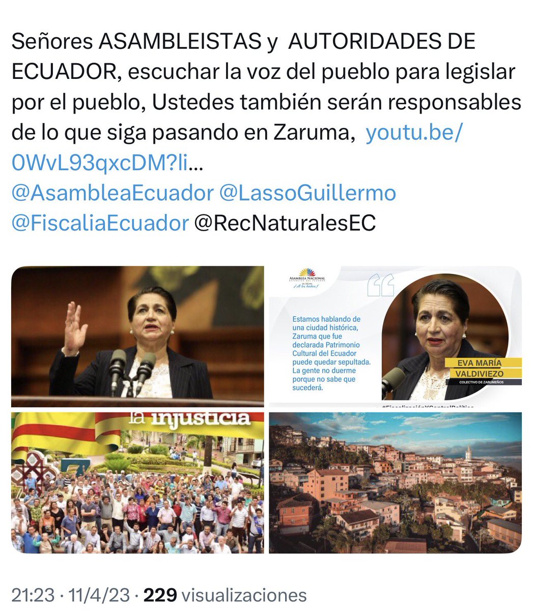 CARLOSHUGORAMIR's tweet photo. Con la esperanza en el “ Nuevo Ecuador, ”  de un cambio, es importante recordar a los Honorables Asambleístas la voz del pueblo, pedido que se hizo en su debido tiempo para que se dé atención al caso Zaruma. @AsambleaEcuador @NielsOlsen @Presidencia_Ec    https://t.co/kSuiZVwuvv https://t.co/o34ZC9D7NX