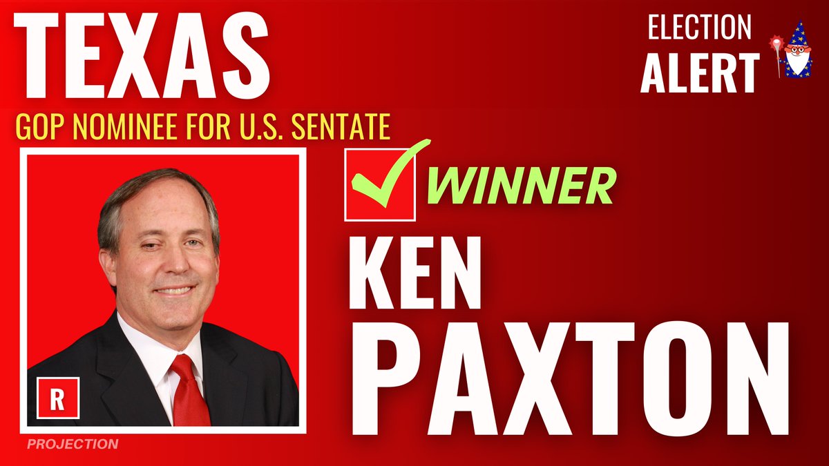 ElectionWiz's tweet photo. 🚨 RACE CALL: Ken Paxton, endorsed by President Trump, has defeated incumbent Sen. John Cornyn in the Texas GOP Senate runoff.

Cornyn becomes the first Texas Republican senator ever to lose his party’s nomination. https://t.co/kztmTPLVts